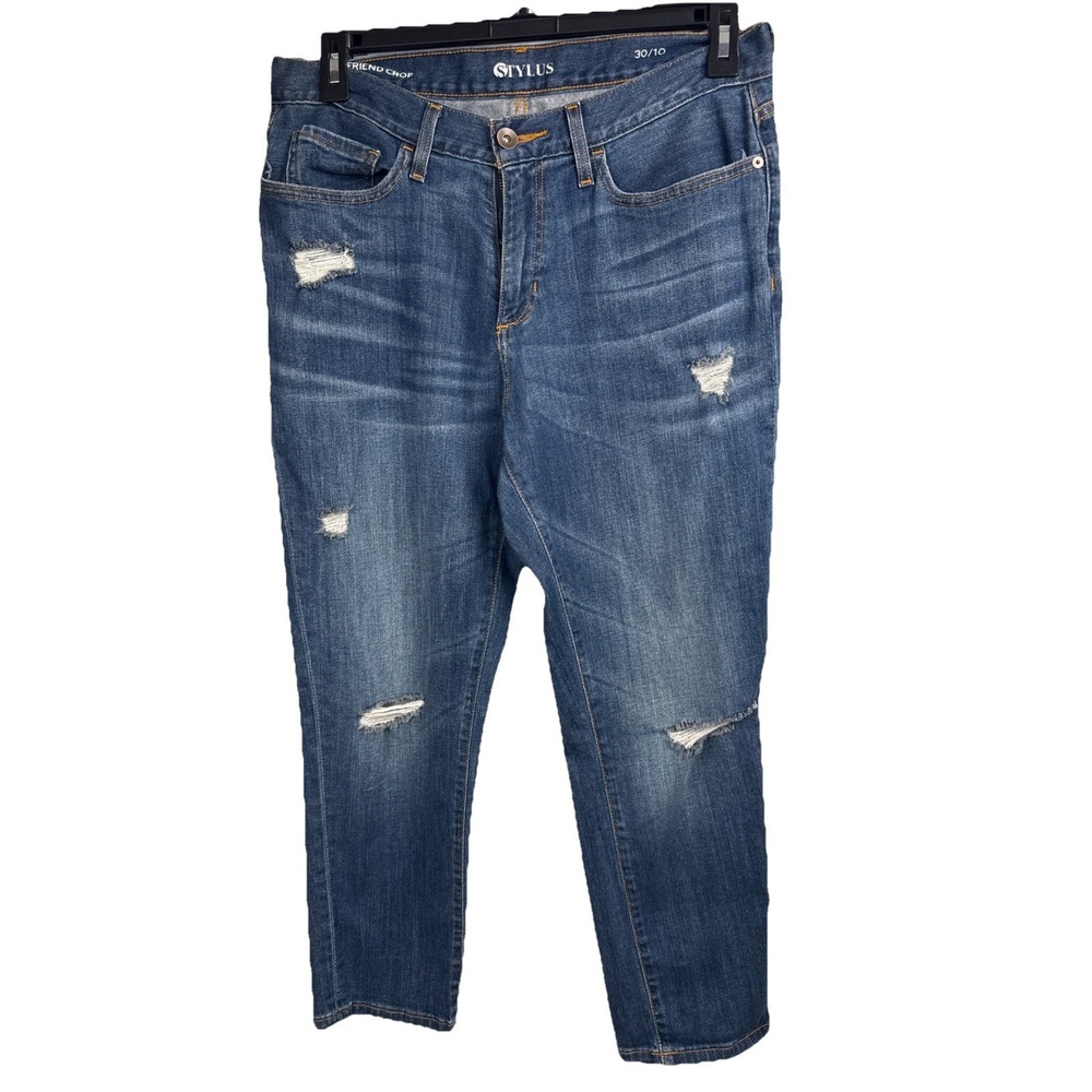 Stylus Women's Blue Jeans Boyfriend Crop Stretch Distressed Pockets 30/10